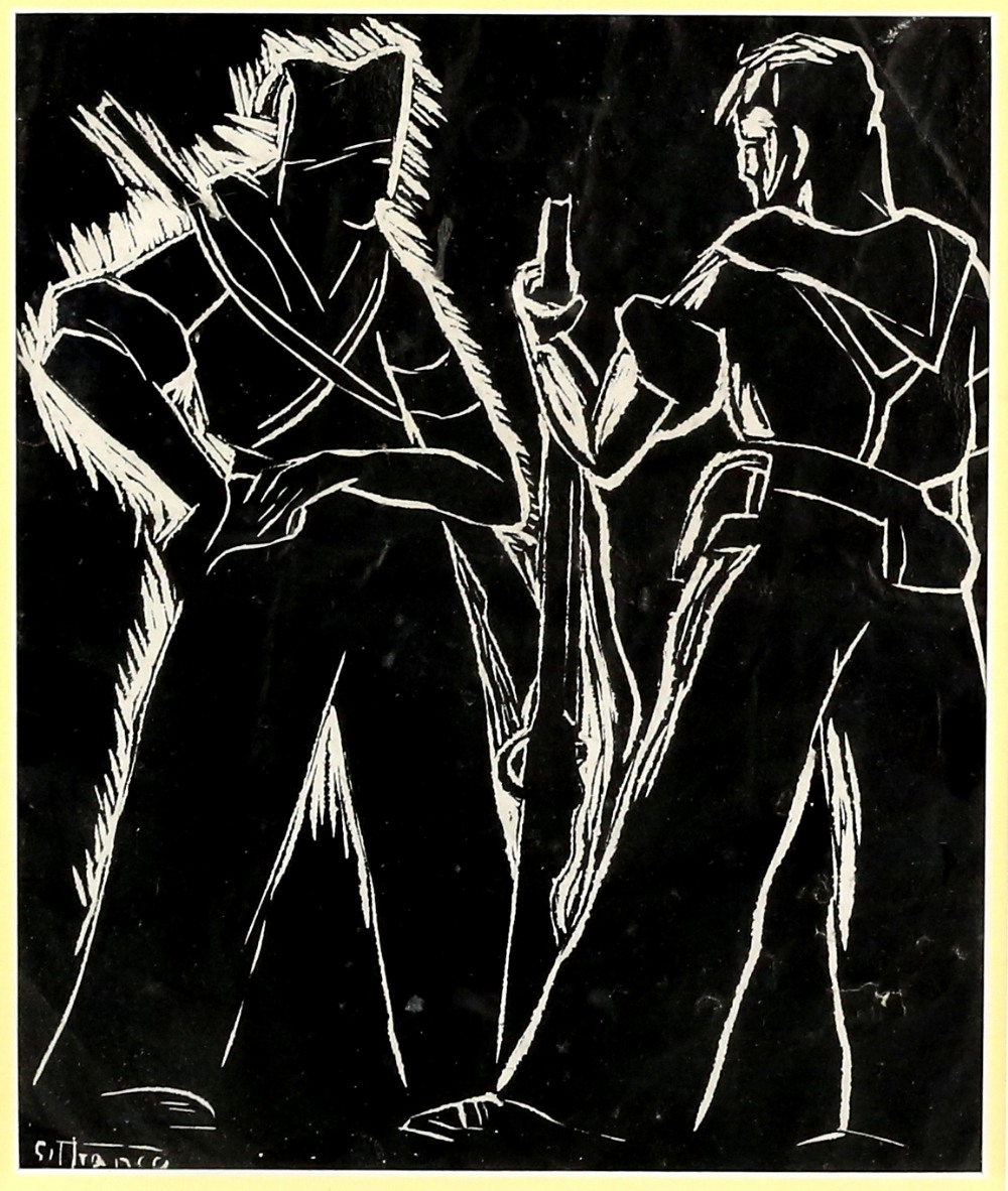 Monochromatic print of two soldiers from the Spanish civil war, signature to block lower left 'G.