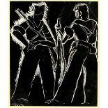 Monochromatic print of two soldiers from the Spanish civil war, signature to block lower left 'G.