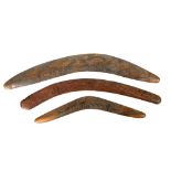 Three wooden boomerangs, two carved with decoration of animals, the largest 71cm, the smallest 50cm
