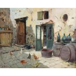 H Travino, 'Rustico', Continental scene, courtyard with chickens, oil on board, signed H Travino,