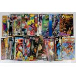 A box of Marvel comics, also containing James Bond and Star Trek items.