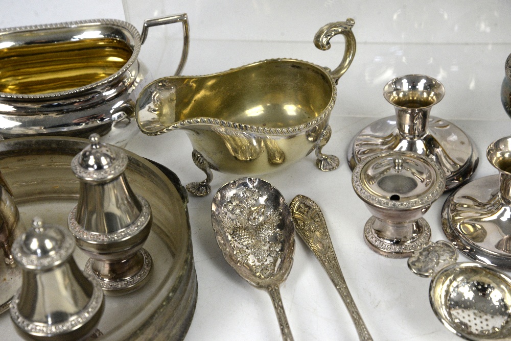 A Georgian silver caddy spoon, a pair of silver miniature candlesticks, a silver cup, white metal - Image 16 of 27