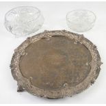 Victorian silver plated presentation tray and two cut glass bowls