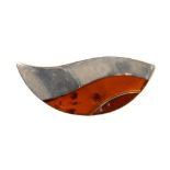 Scandinavian style silver brooch, set with two curved panels of amber, stamped 925, makers mark