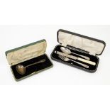 Cased silver Christening spoon and three piece part silver Christening set cased