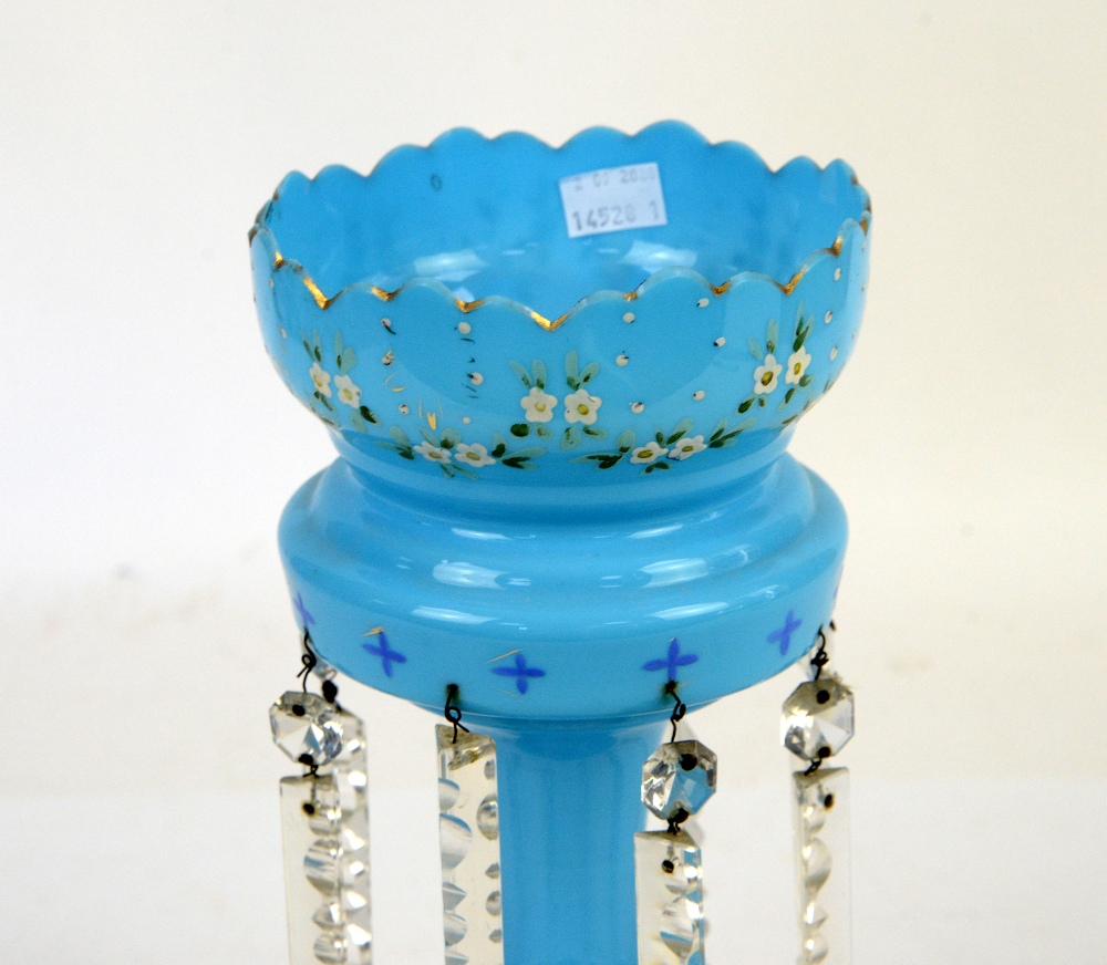 Quantity of late 19th or early 20th century blue opaline glass to include a blue glass lustre, a cut - Image 13 of 14