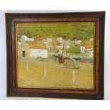Mid 20th century oil on board of a beach with town to background, inscribed Campo Mares,