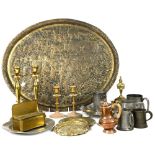 Brass, pewter and other metal ware to include an Indian brass tray depicting a battle between men