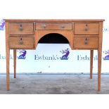 20th century mahogany writing desk with leather top with five short drawers. 107W x 78H x 55D