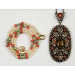 A mixed group of necklaces, including pearl, coral and turquoise bead necklace, a 1930's style
