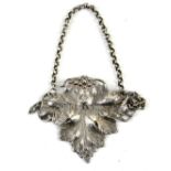 Grape and Grape leaf form 19th Century silver decanter label by George Adams, London 1866