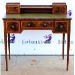 Early 20th century inlaid mahogany writing desk, two drawers and shelf above leather writing