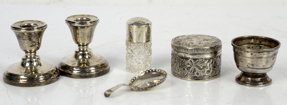 A Georgian silver caddy spoon, a pair of silver miniature candlesticks, a silver cup, white metal - Image 4 of 27