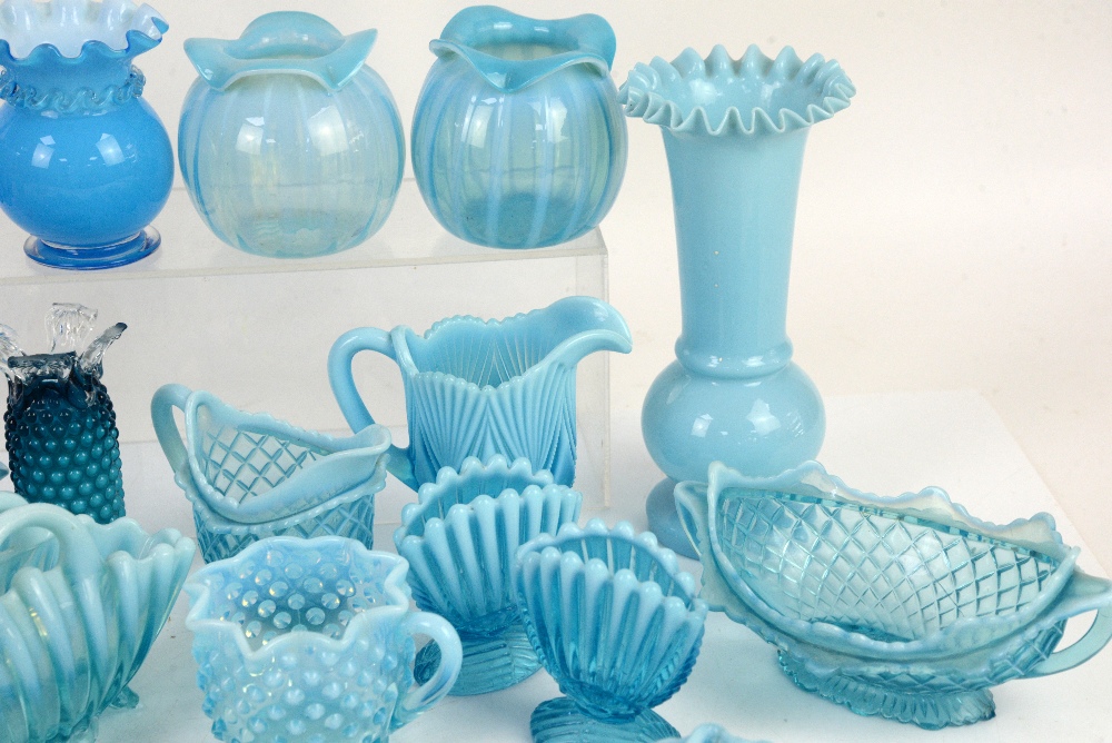 Quantity of late 19th or early 20th century blue opaline glass to include a blue glass lustre, a cut - Image 10 of 14