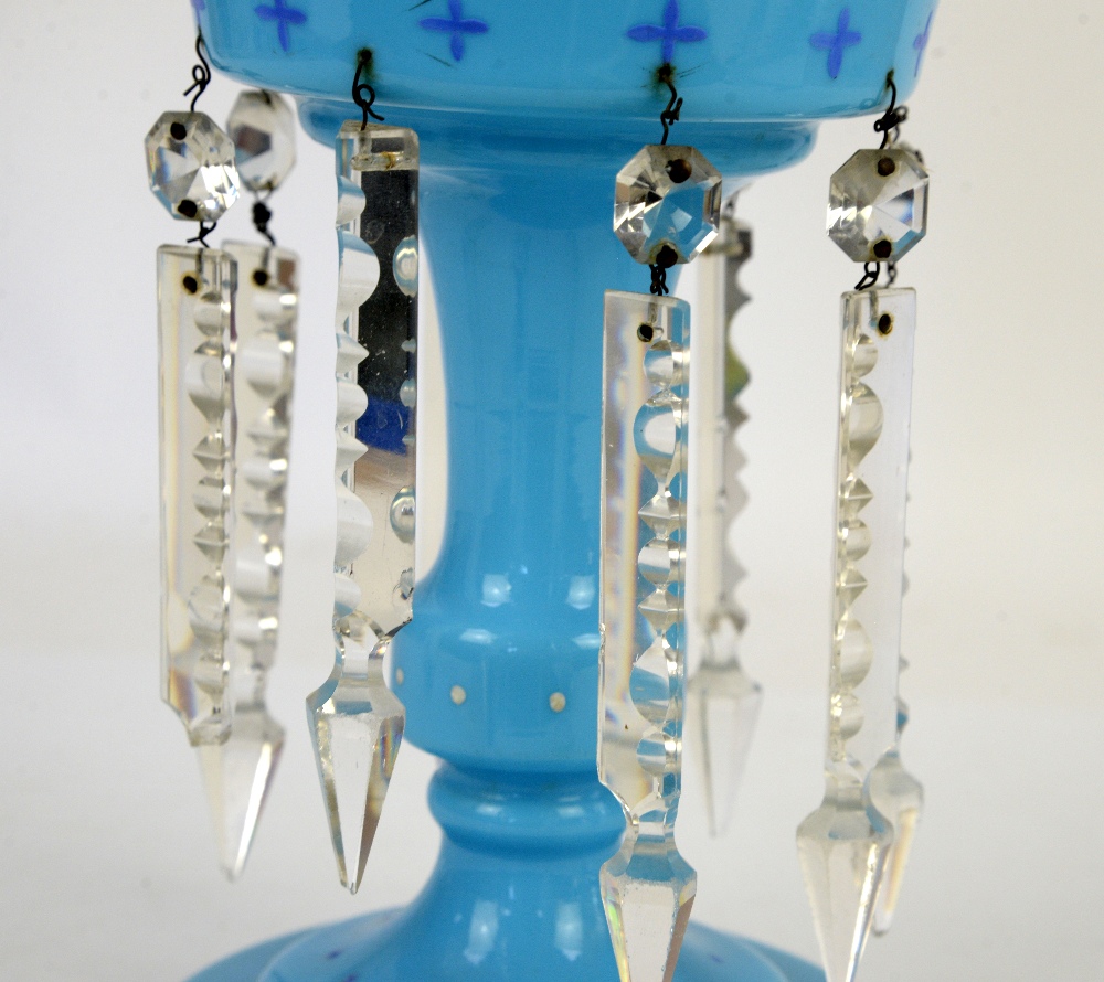 Quantity of late 19th or early 20th century blue opaline glass to include a blue glass lustre, a cut - Image 14 of 14