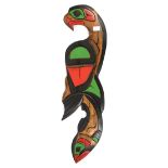 Canadian Tribal art Eagle Salmon wall plaque, stained in red, green and black, signed indistinctly