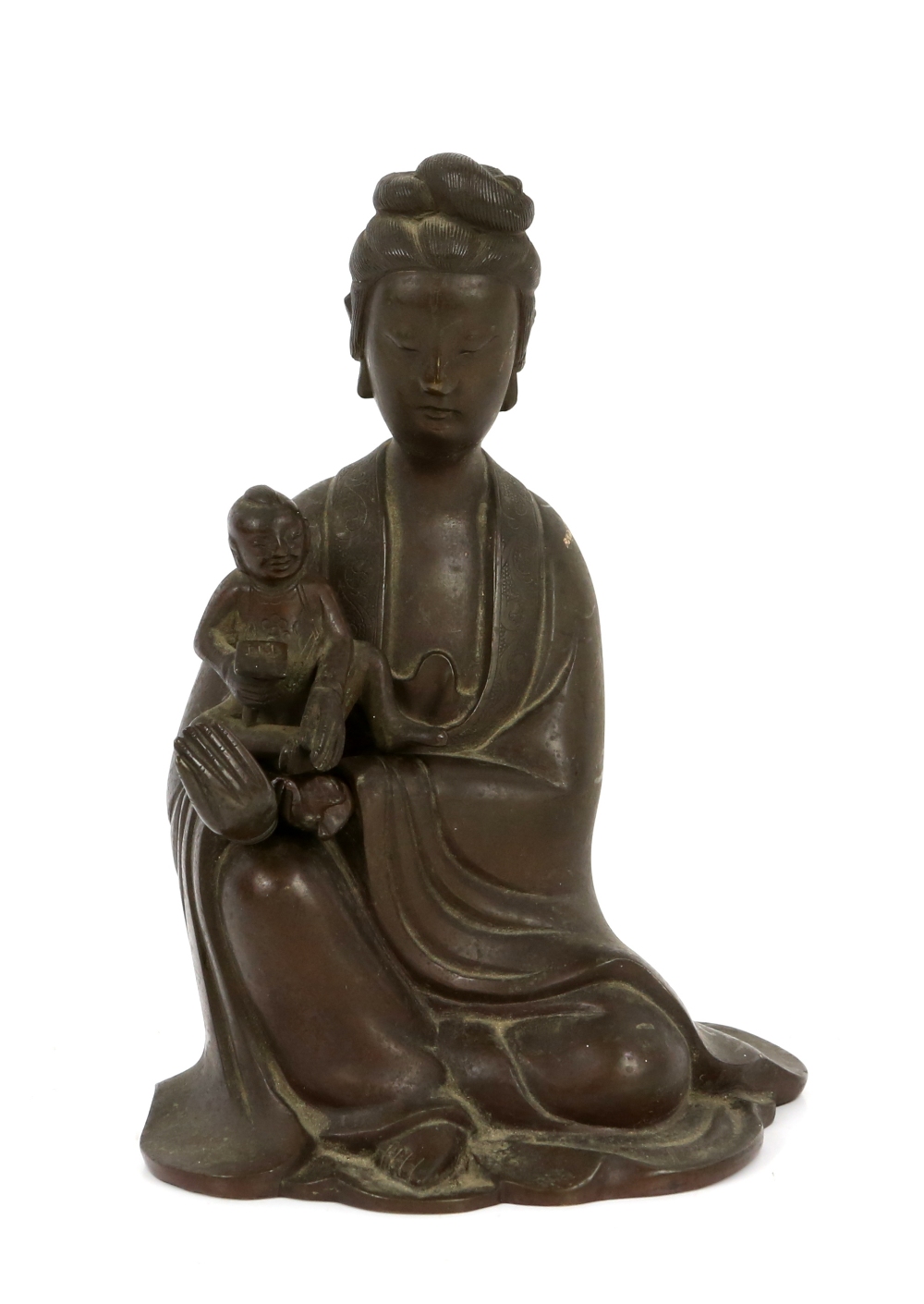 Asian brass figure of a woman seated with child, another wooden figure and two glass cylindrical