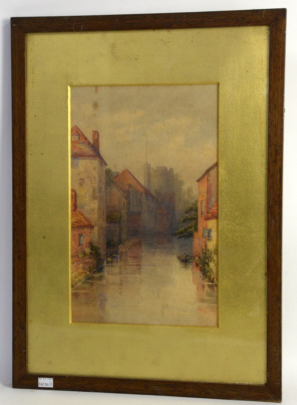 Watercolour of a canal scene, two other watercolours in one frame, watercolour of a church and three - Image 3 of 6