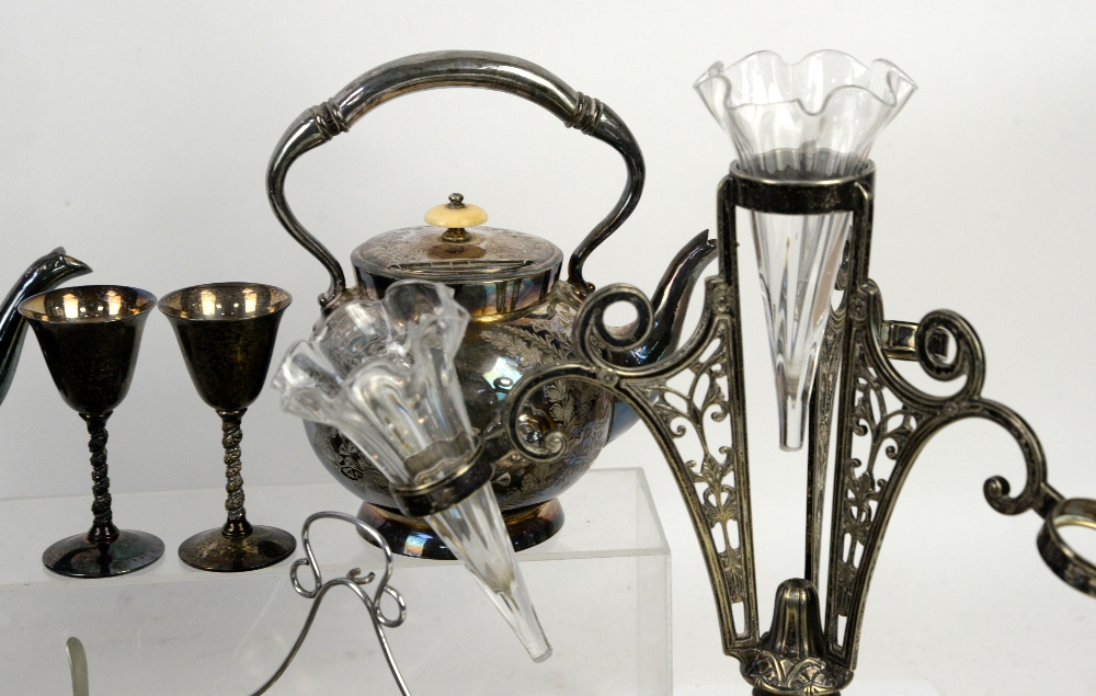 Collection of silver plated items to include a samovar, egg cruet, epergne with two glass vases, tea - Image 9 of 16