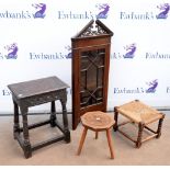 19th century oak joint stool, milking stool, rush seat stool and small corner cabinet