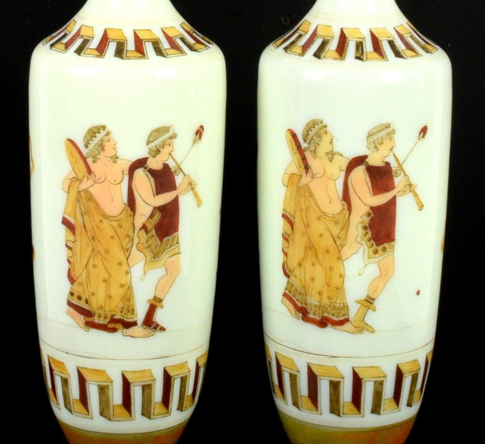 Pair of 19th century opaline glass vases in Etruscan style, with vignettes of musicians and Greek - Image 2 of 4