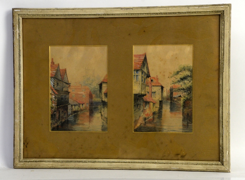 Watercolour of a canal scene, two other watercolours in one frame, watercolour of a church and three - Image 2 of 6