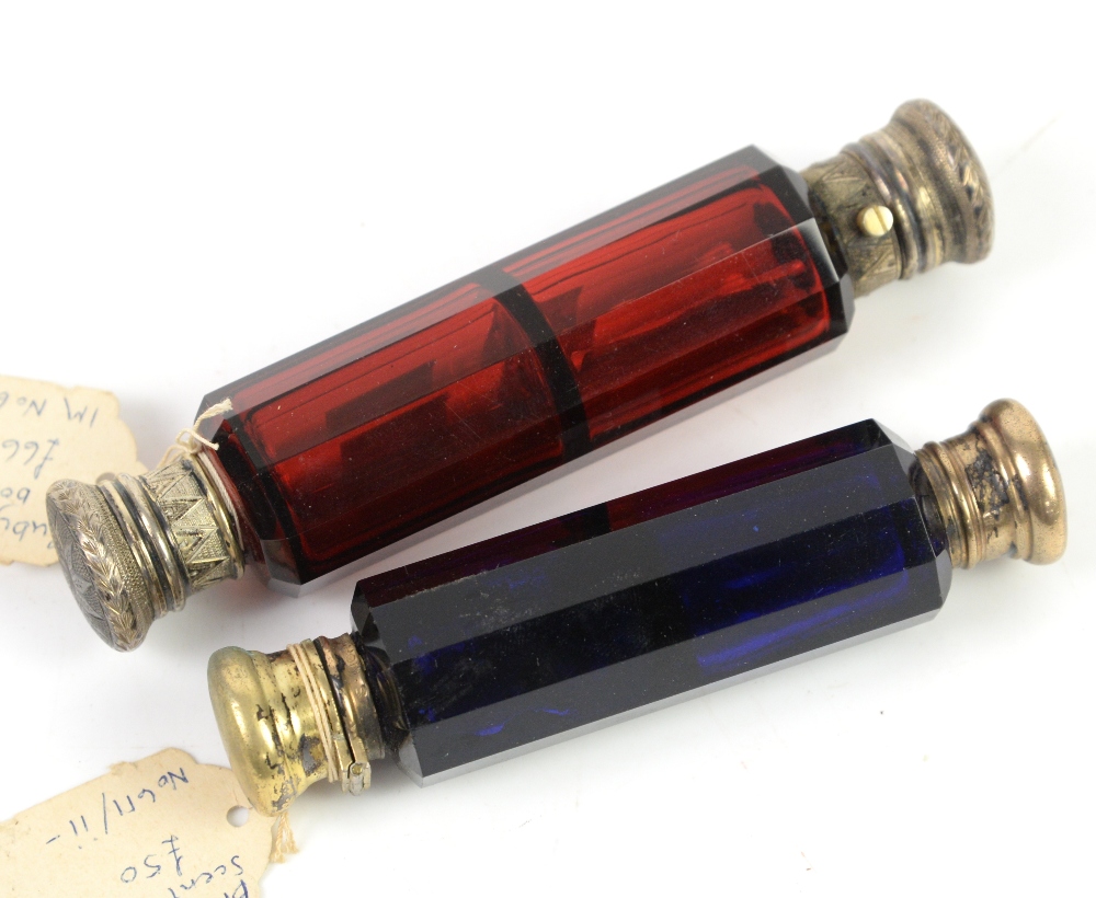 Ruby glass double ended scent bottle, blue glass double ended scent bottle and a silver pickle