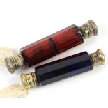 Ruby glass double ended scent bottle, blue glass double ended scent bottle and a silver pickle