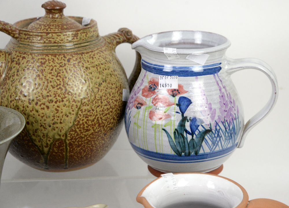 Assorted pottery and glass wares to include large glass vase, 2 pottery jugs, and a teapot, and an - Image 5 of 12