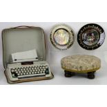 Typewriter in leather case, circular footstool and two 'Magical Fairy Tales From Old Russia'