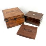 Studded and metal mounted wooden box, H22 x W33 x D33cm, together with a writing slope (missing