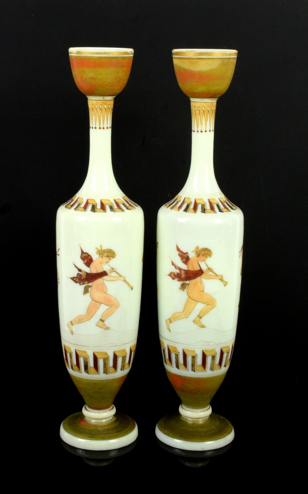 Pair of 19th century opaline glass vases in Etruscan style, with vignettes of musicians and Greek - Image 3 of 4