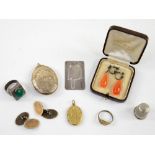 Costume jewellery including silver thimble, money clip, and ring, silver gilt ring and cufflinks,