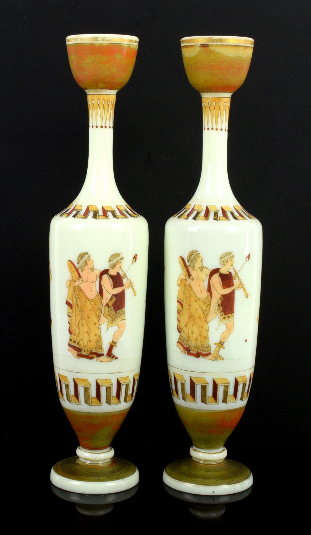 Pair of 19th century opaline glass vases in Etruscan style, with vignettes of musicians and Greek