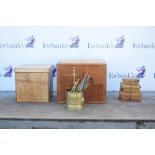 Two faux leather trunks together with three similar boxes and a selection of brass metal ware
