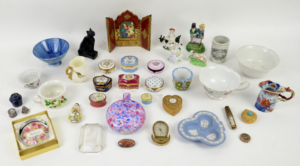Collection of Limoges and other pill boxes together with porcelain cups, jugs, figures and other