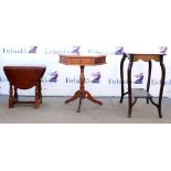 Small stained oak octagonal table together with a drop-flap table and mahogany side table. 50W x 64H