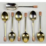 Art Deco seven piece silver and enamel spoon set consisting of one sugar/caddy spoon and six tea