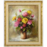 Roes de Vries, 'Gele, rode en roze rozen in vaas', still life of roses in a vase, oil on canvas,