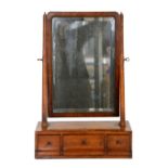 19th century inlaid mahogany toilet mirror, bevelled glass swing mirror above three drawers, H54 x
