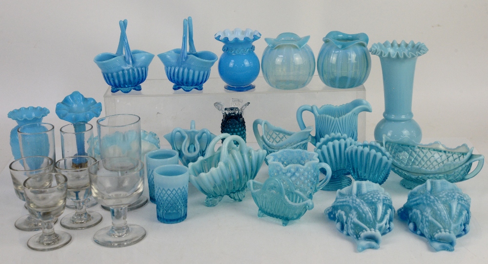 Quantity of late 19th or early 20th century blue opaline glass to include a blue glass lustre, a cut