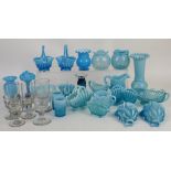 Quantity of late 19th or early 20th century blue opaline glass to include a blue glass lustre, a cut