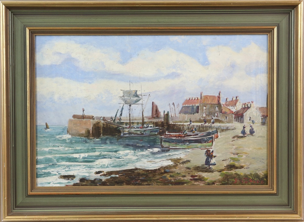 J.M. Dodds (Scottish, 19th/20th century), Fishing village harbour, oil on board, 30 x 46cm - Image 2 of 4