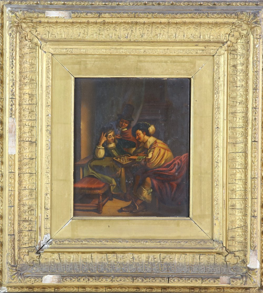 19th century oil, figures playing chess. 19.5 x 16.5cm. Framed. Frame in poor conditionSome wear and - Image 2 of 3