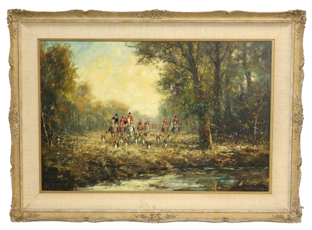 Fritz Moritz, 1922-1994, hunting scene with riders and hounds, signed, oil on canvas, 58cm x 88.5cm, - Image 2 of 4