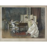 Late 19th century print after V. Reggianini, interior scene with a young man singing and playing the