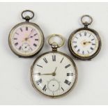 Two Swiss 935 grade fob watches one with a pink enamel dial and a Victorian pocket watch London 1866