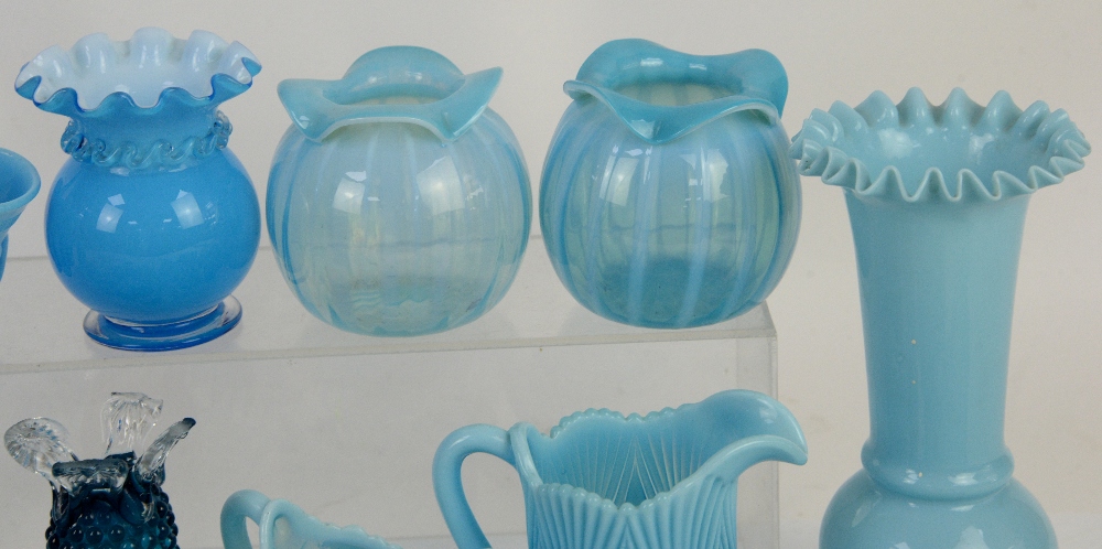 Quantity of late 19th or early 20th century blue opaline glass to include a blue glass lustre, a cut - Image 9 of 14