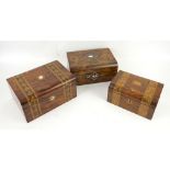 Victorian burr walnut and mother of pearl sewing box, another one with parquetry bands, and