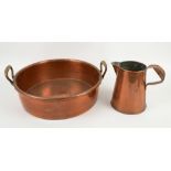 Copper preserving pan, 42cm diameter, and copper jug